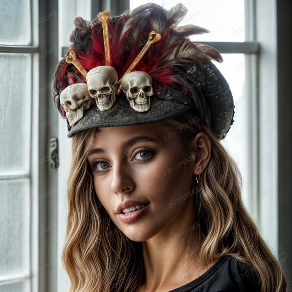 Halloween Red Feather Voodoo White Skull Fisherman Military Party Cap Black - Picture 1 of 6
